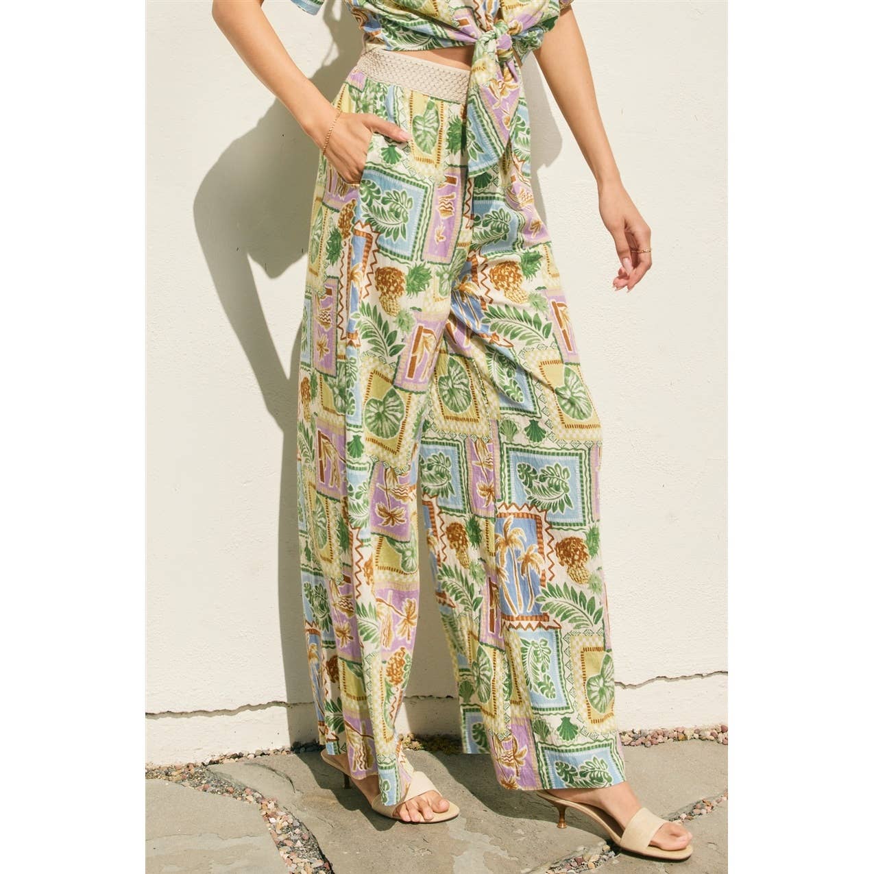 Tropical Conversational Decorative Waist Wide Leg Pants
