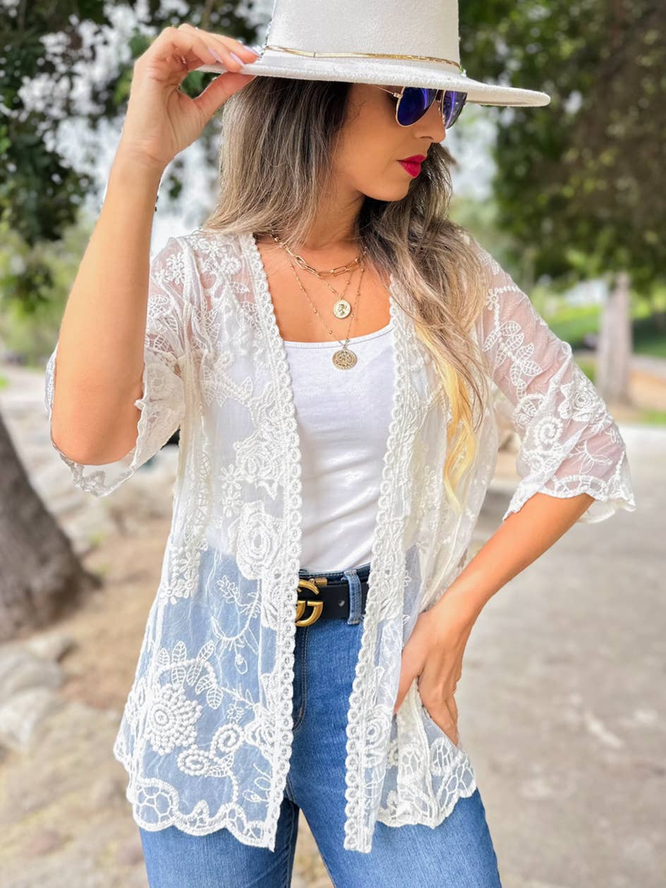Ivory Floral Lace Sheer Dressy Short Sleeve Kimono Cover Up