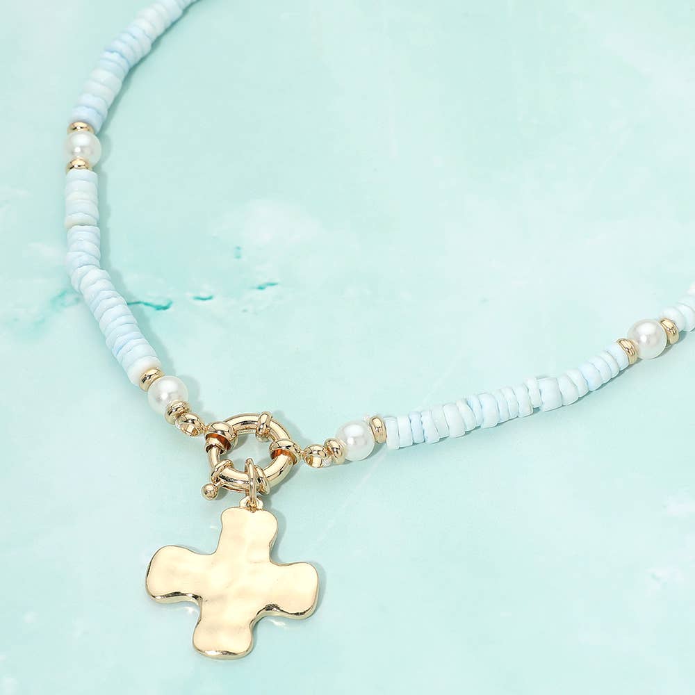 Hammered Metal Cross Charm Pendant Accent Pearl Flat Beaded Necklace