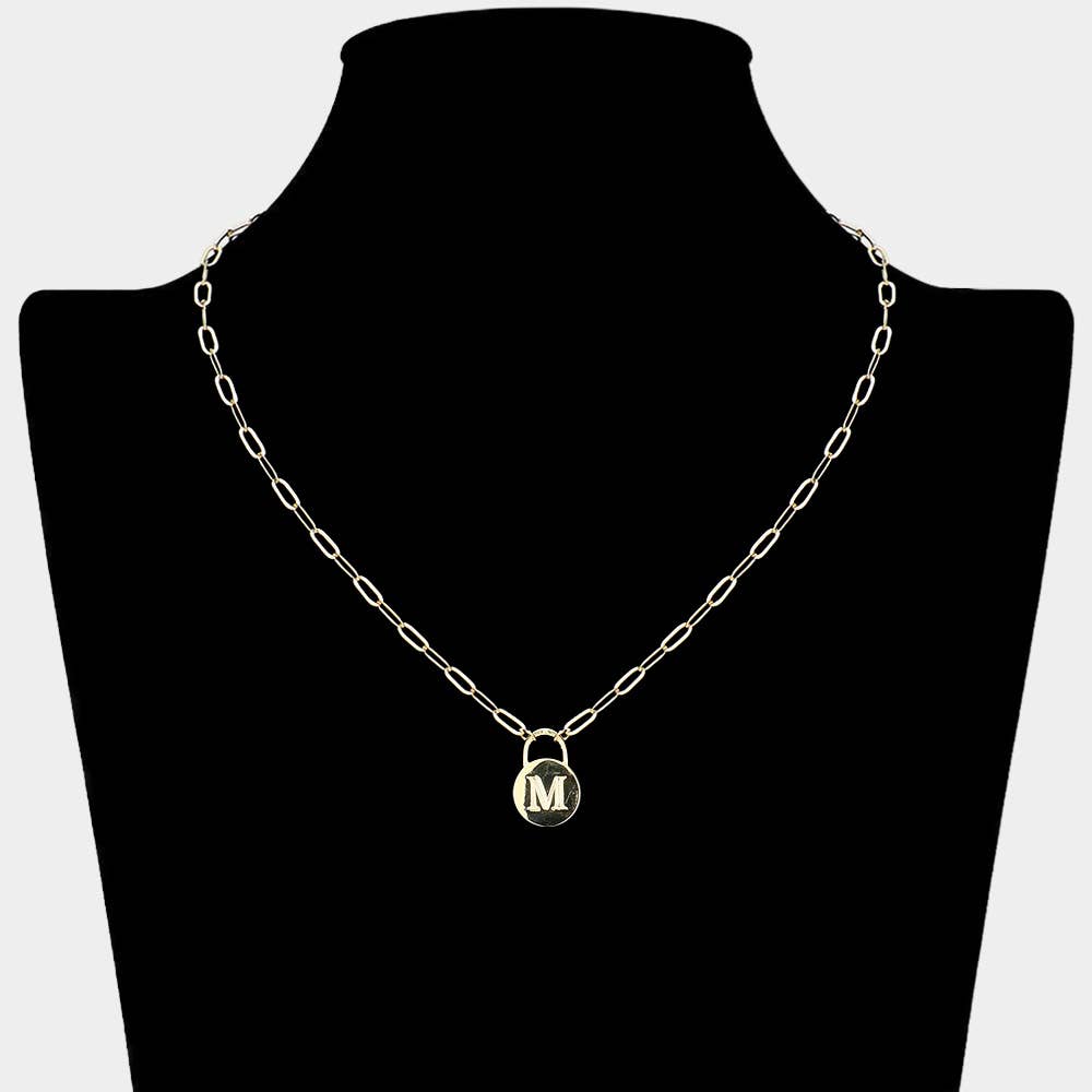 Brass Metal Initial Monogram Lock Pendant Necklace