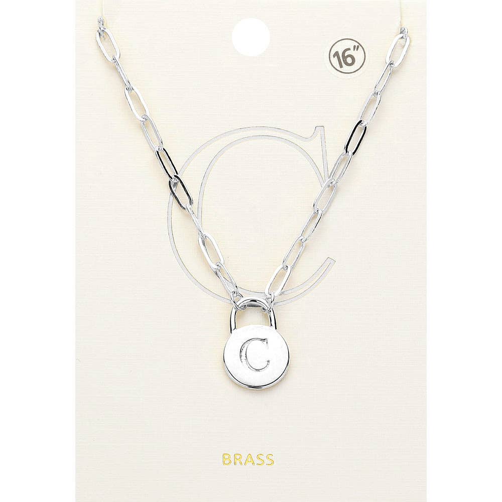 Brass Metal Initial Monogram Lock Pendant Necklace