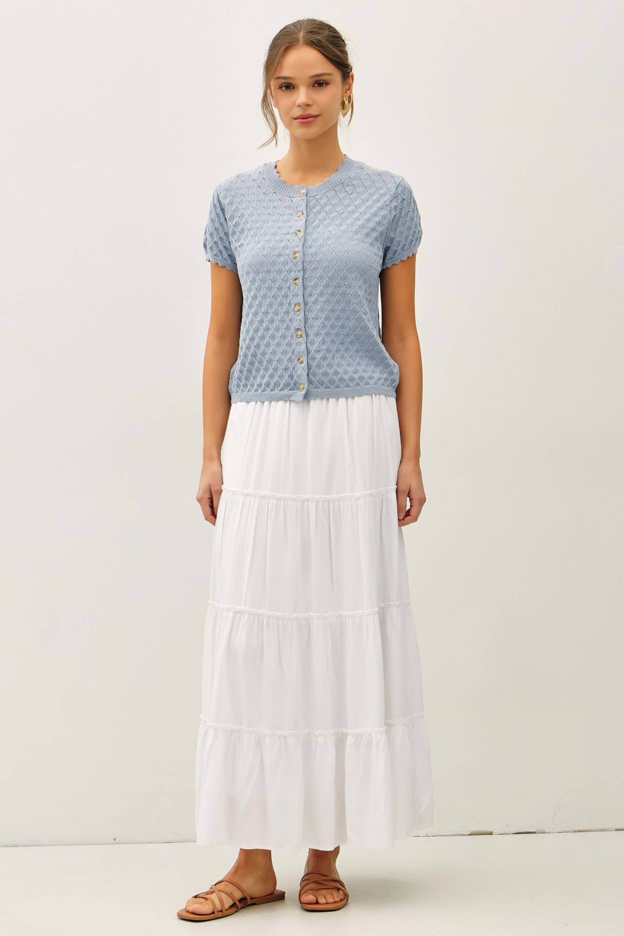 POINTELLE STITCH SHORT SLEEVE CARDIGAN