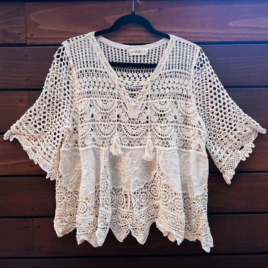Boho Crochet Lace Up Top with 3/4 Sleeves and Tassel Detail