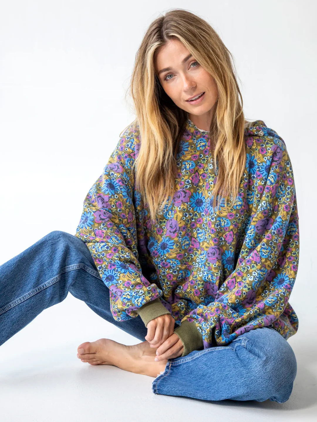 Natural Life Oversized Printed Sweatshirt- Blue Rose Purple Daisy