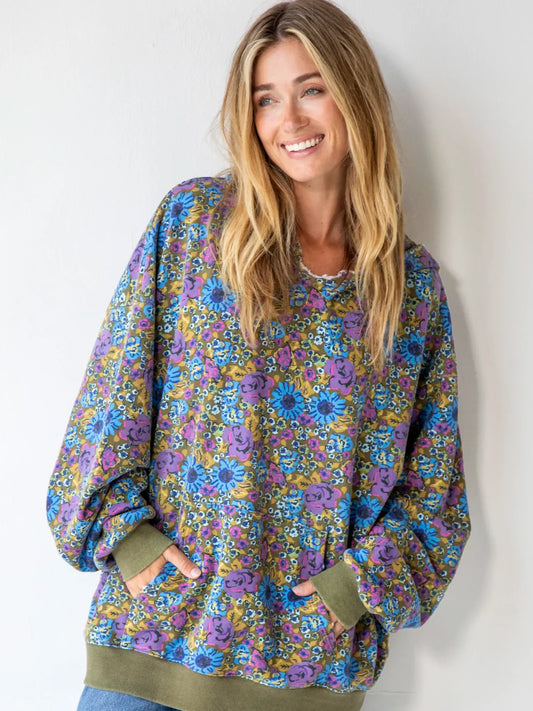 Natural Life Oversized Printed Sweatshirt- Blue Rose Purple Daisy