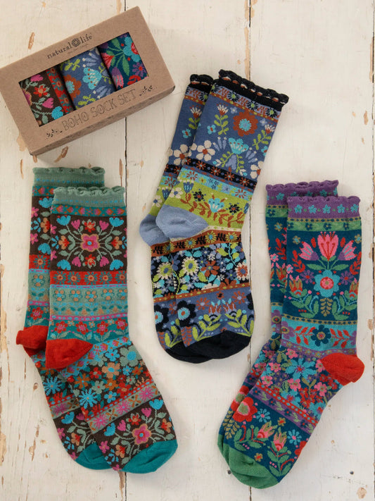 Natural Life Boxed Boho Sock Set-Blue Floral, Set of 3