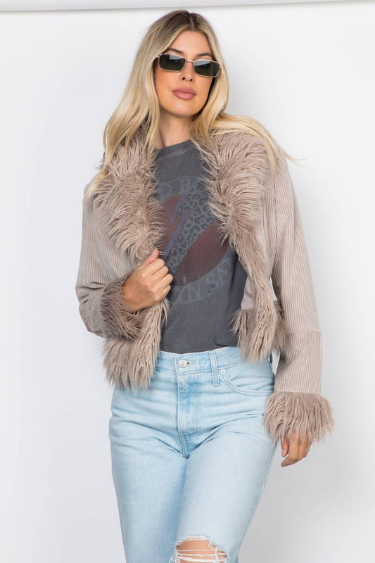 Faux Fur Trim Corduroy Jacket