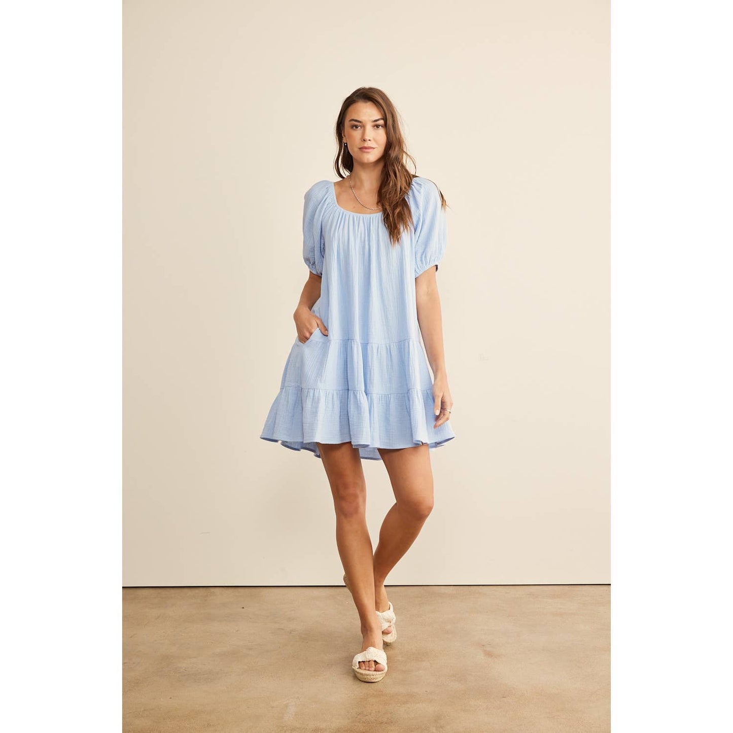 RIBBON BACK DETAIL TIERED COTTON GAUZE MINI DRESS