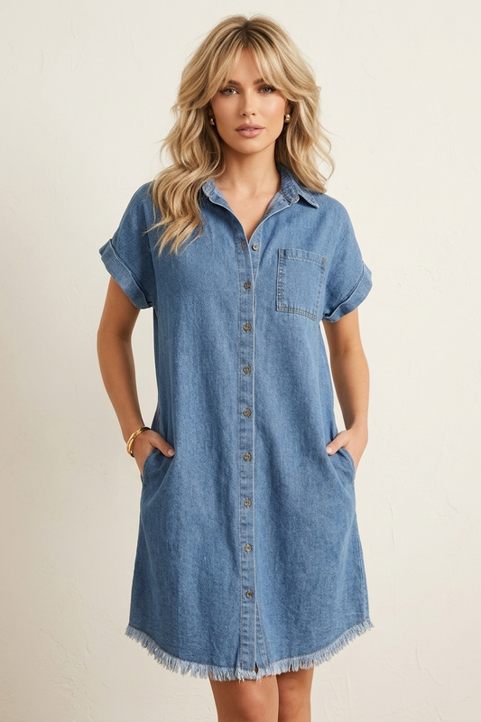Denim Shirt Dress with Frayed Hem and side pockets