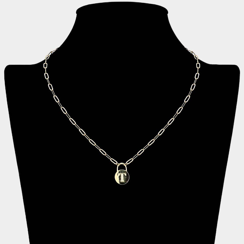 Brass Metal Initial Monogram Lock Pendant Necklace