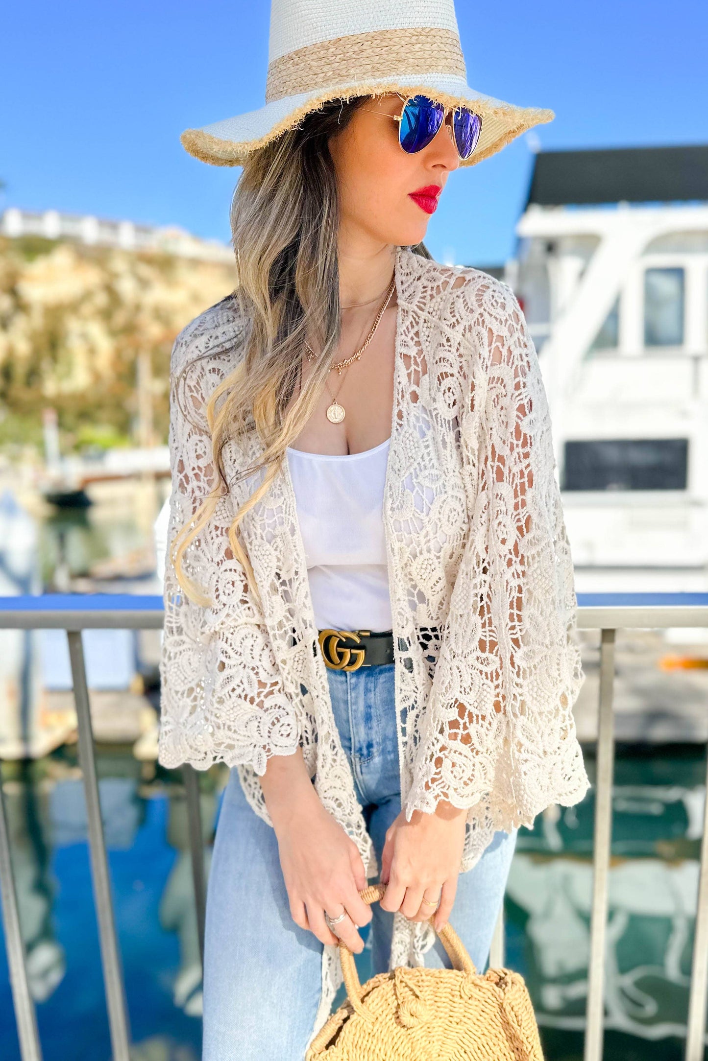 Ivory Floral Crochet Bell Sleeve Open Front Cardigan CoverUp