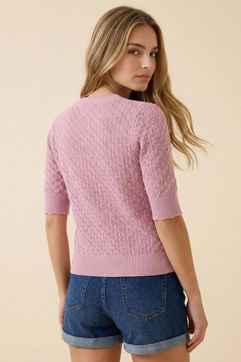 POINTELLE SHORT SLEEVE CARDIGAN WITH ROSE BUTTONS