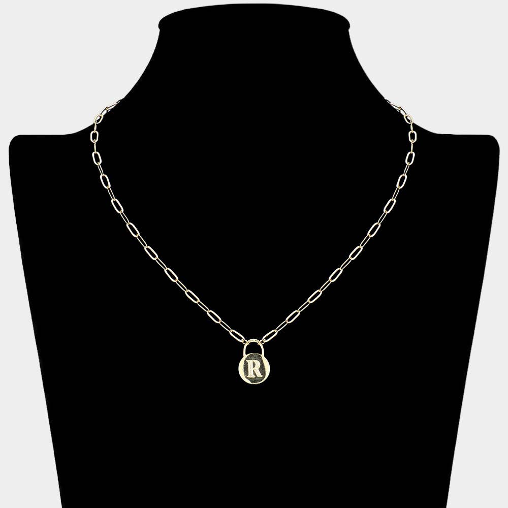 Brass Metal Initial Monogram Lock Pendant Necklace