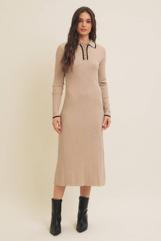 RIBBED SWEATER POLO MIDI DRESS