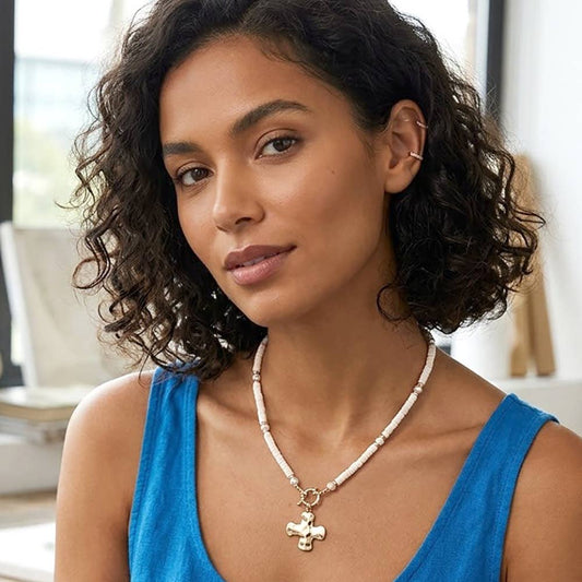 Hammered Metal Cross Charm Pendant Accent Pearl Flat Beaded Necklace