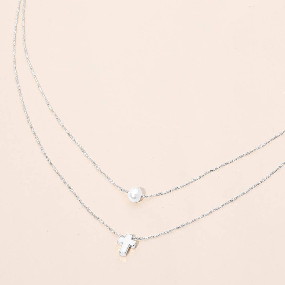 Mini Cross Pearl Pendant Accent Layered Necklace