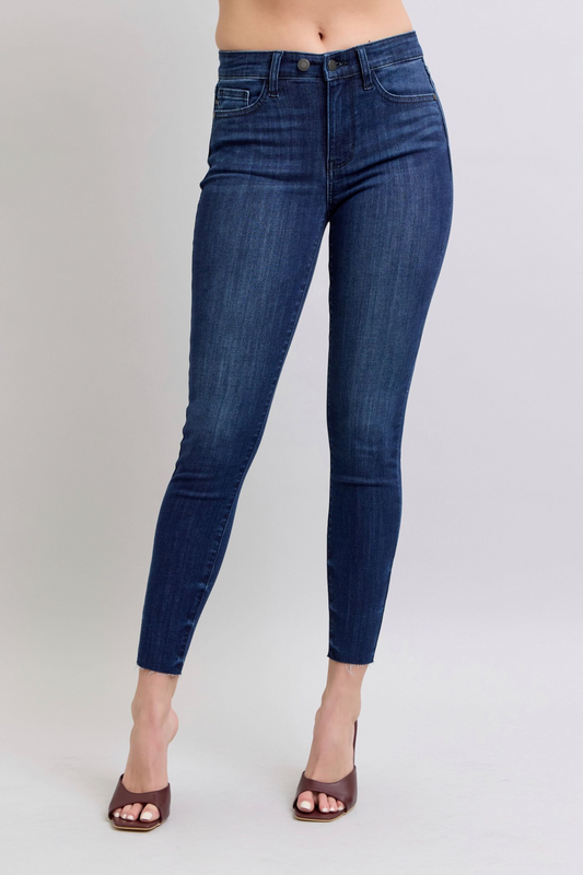 Judy Blue Mid-Rise Dark Wash Skinny with Raw Hem