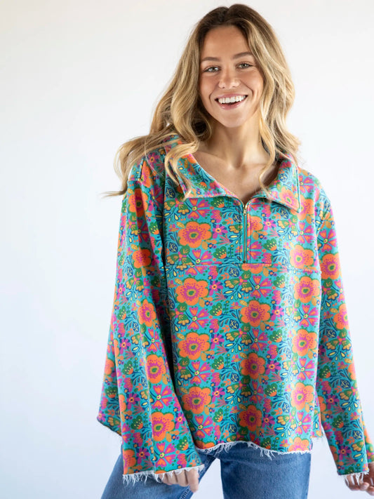 Natural Life Easy Does It Sweatshirt - Doodle Floral Turquoise