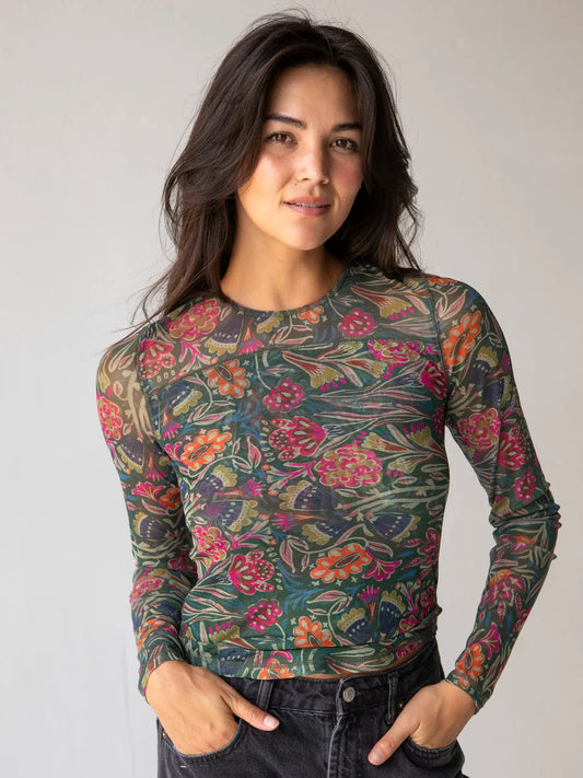 Natural Life Sloane Mesh Long Sleeve Top-Green Lined Floral