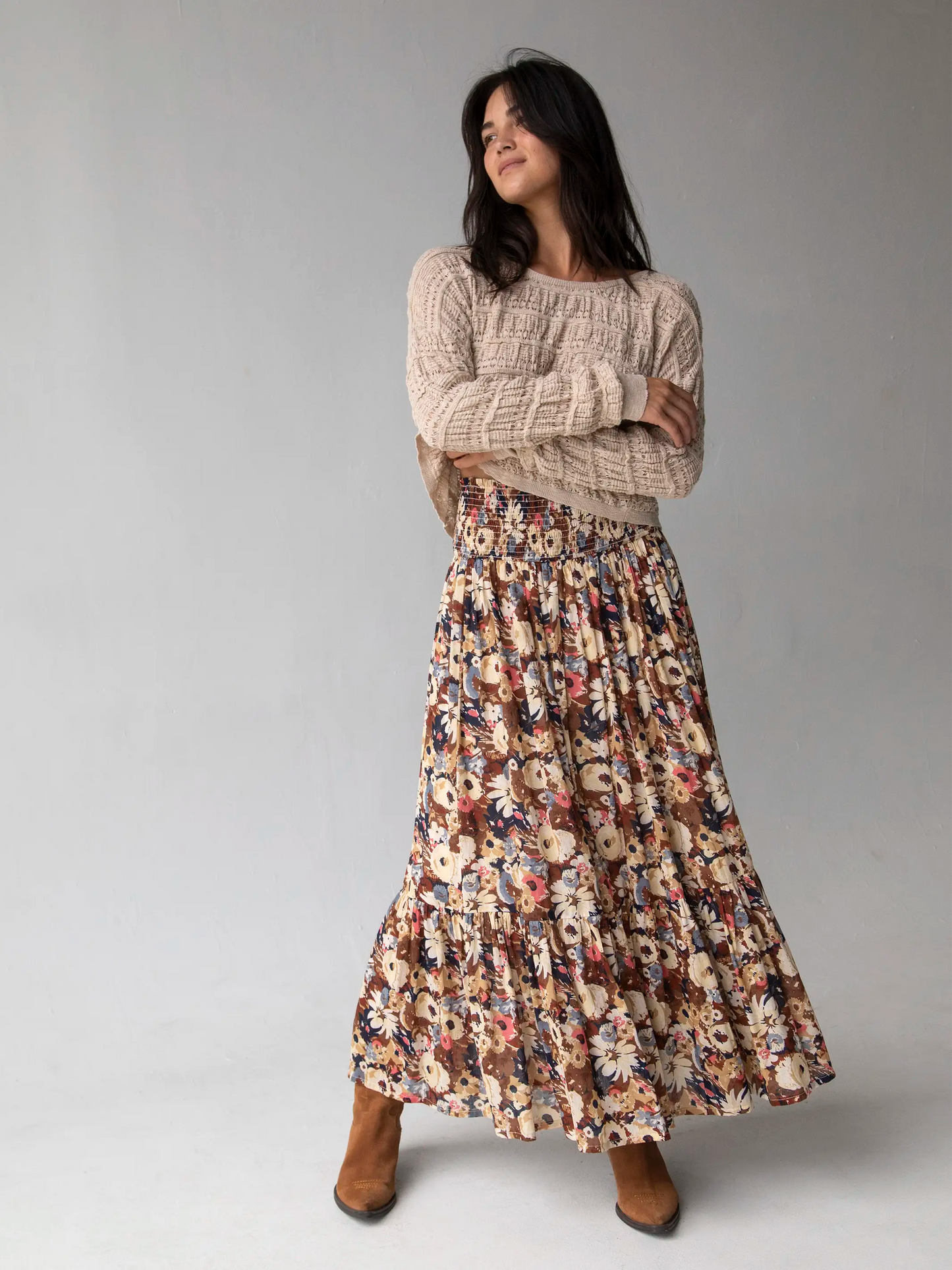 Natural Life Flora Cotton Convertible Maxi Skirt - Brown Navy Floral