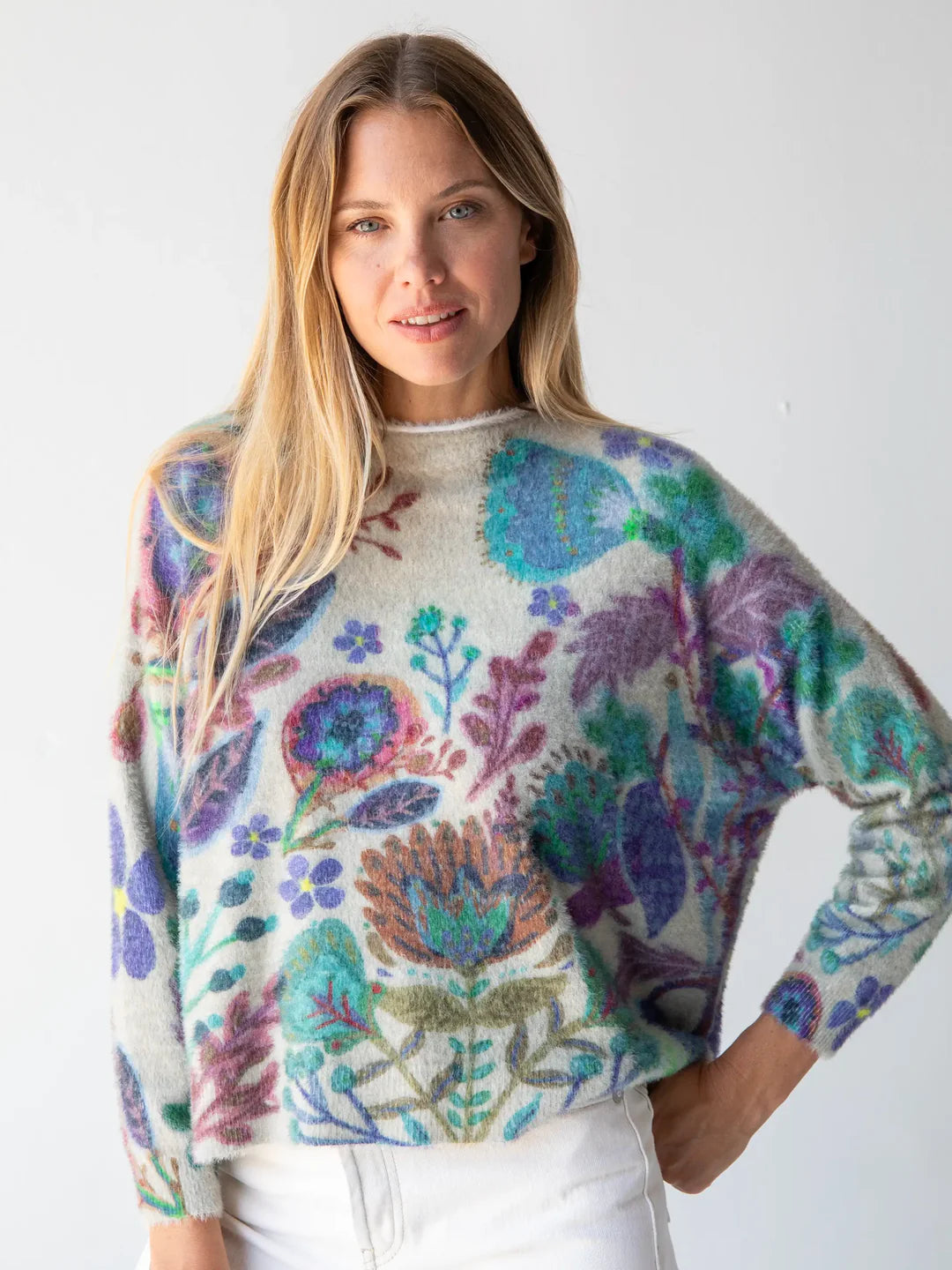 Natural Life Cashmere-Like Mock Neck Sweater-Ash Folk Flower