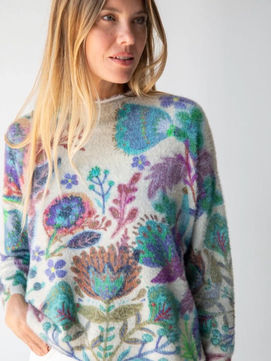 Natural Life Cashmere-Like Mock Neck Sweater-Ash Folk Flower