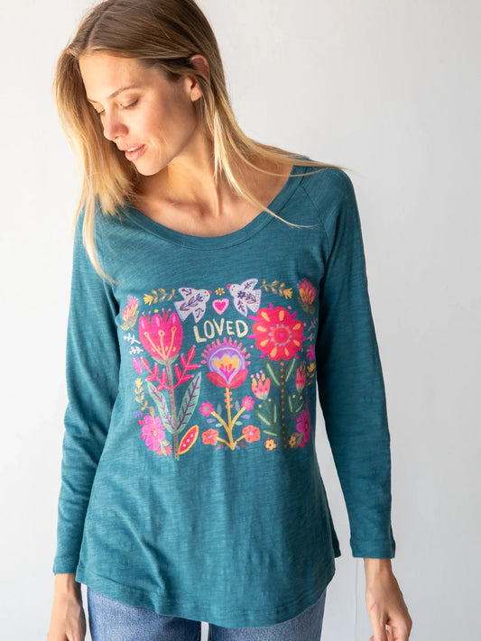 Natural Life Long Sleeve Boho Cotton Tee Shirt-Loved Teal