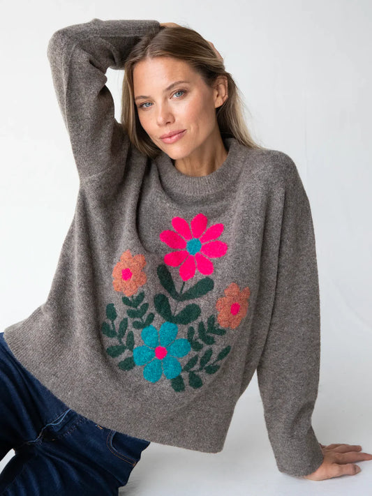 Natural Life Everyone's Favorite Sweater-Brown Folk Flower