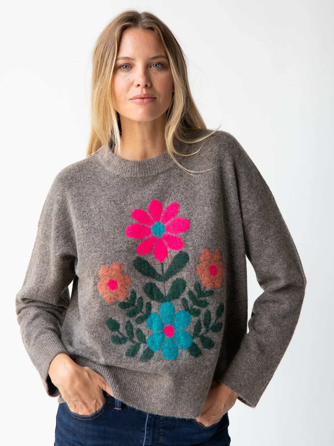 Natural Life Everyone's Favorite Sweater-Brown Folk Flower