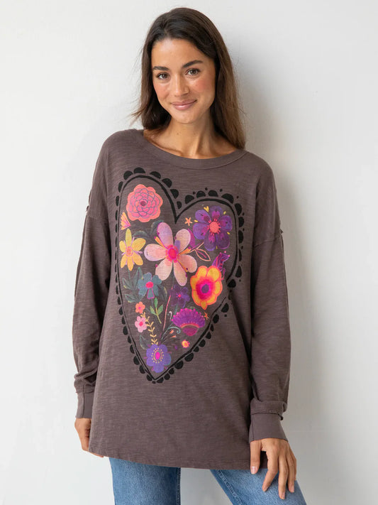 Natural Life Arden Long Sleeve Cotton Tee Shirt-Espresso Heart