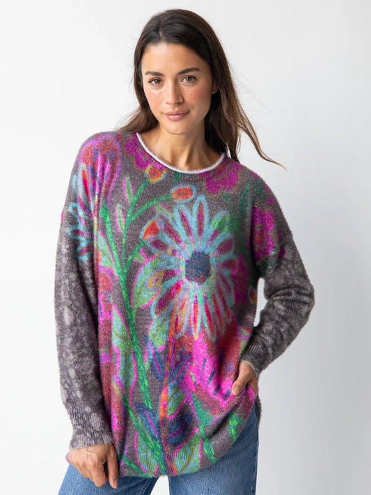 Natural Life Cashmere-like Pullover Sweater- Mauve Folk Flower