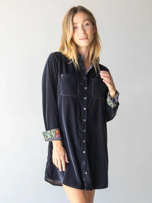 Natural Life Rocky Velvet Shirt Dress-Slate Grey