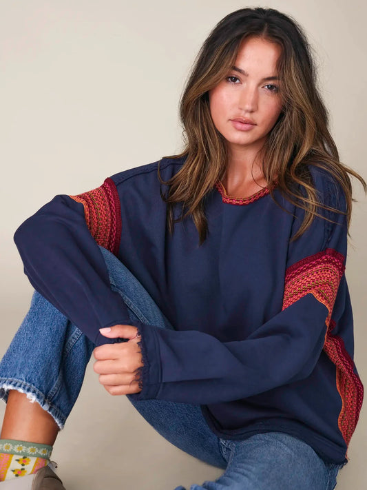 Natural Life Knit Trim Sweatshirt-Navy