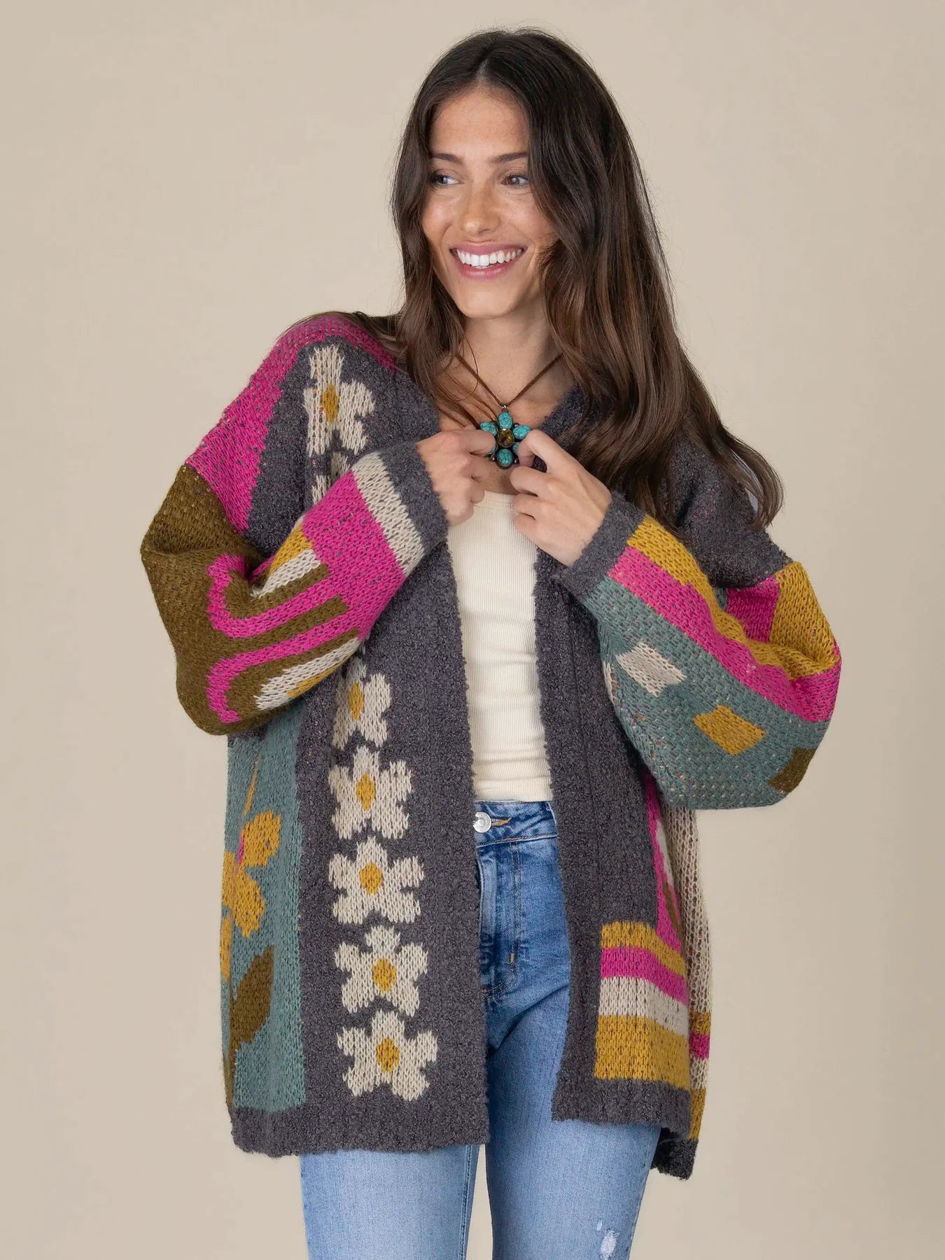 Natural Life Dreamer Reversible Cardigan Sweater-Daisies