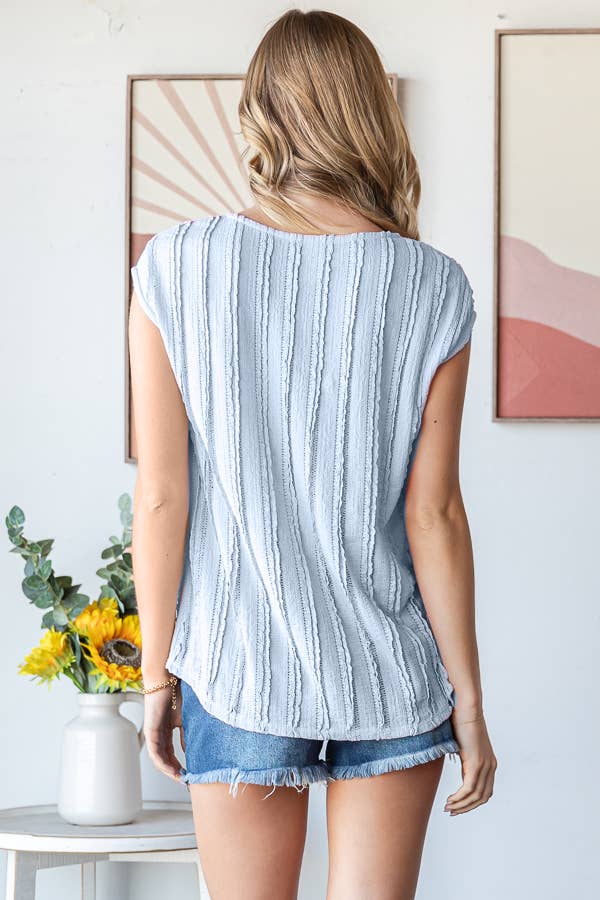 Lightweight Stripe Textured Cap Sleeves Blouse T5948