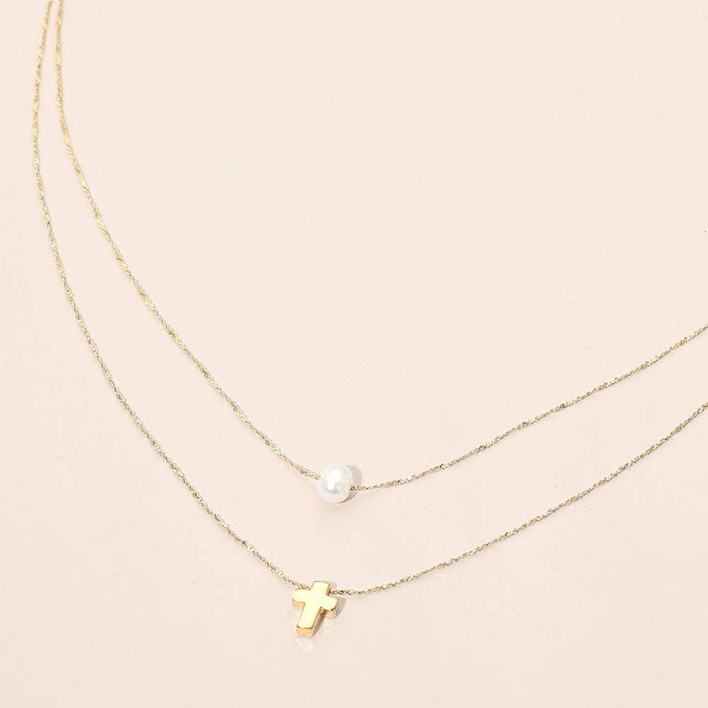 Mini Cross Pearl Pendant Accent Layered Necklace