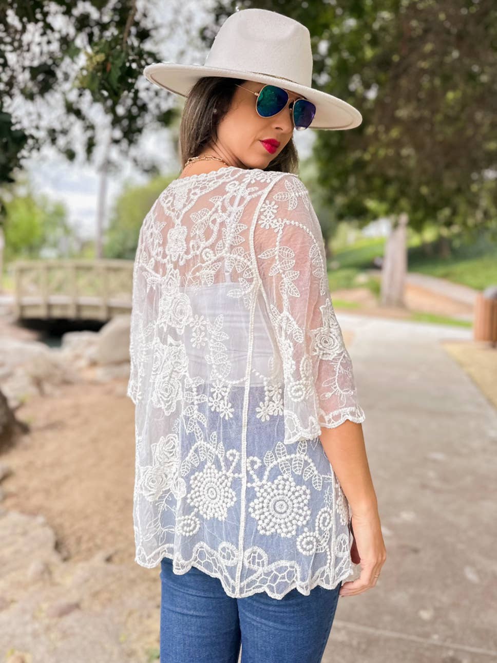 Ivory Floral Lace Sheer Dressy Short Sleeve Kimono Cover Up