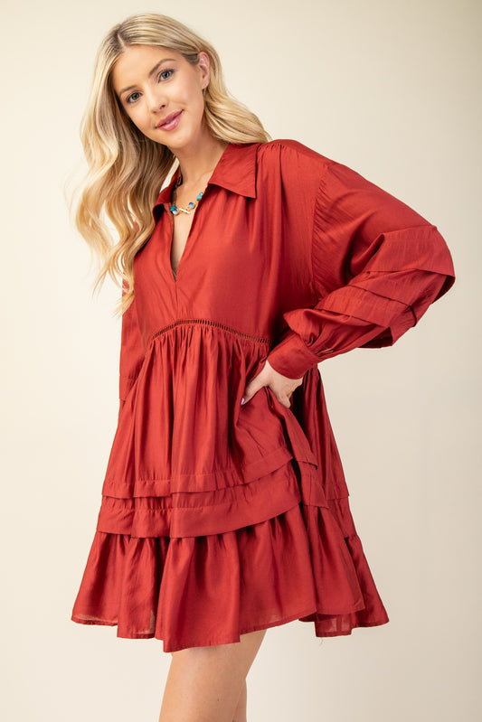 Pleated Long Sleeve Dress