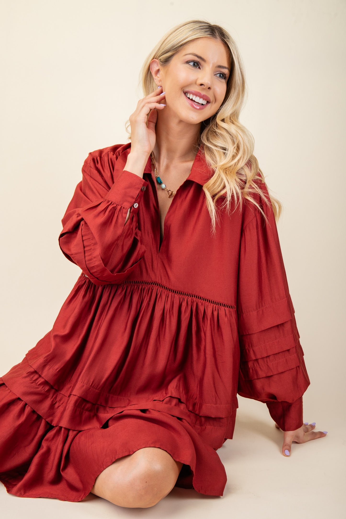 Pleated Long Sleeve Dress