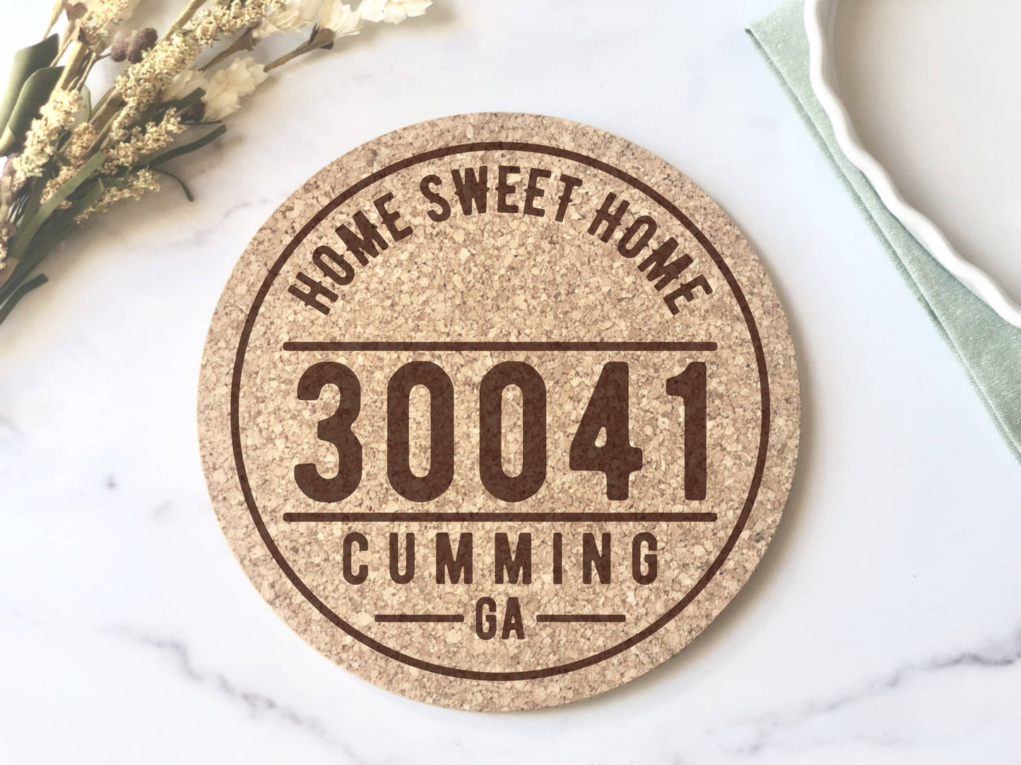 Custom 62035 Zip Code and City Cork Trivet Hot Pad - Circle