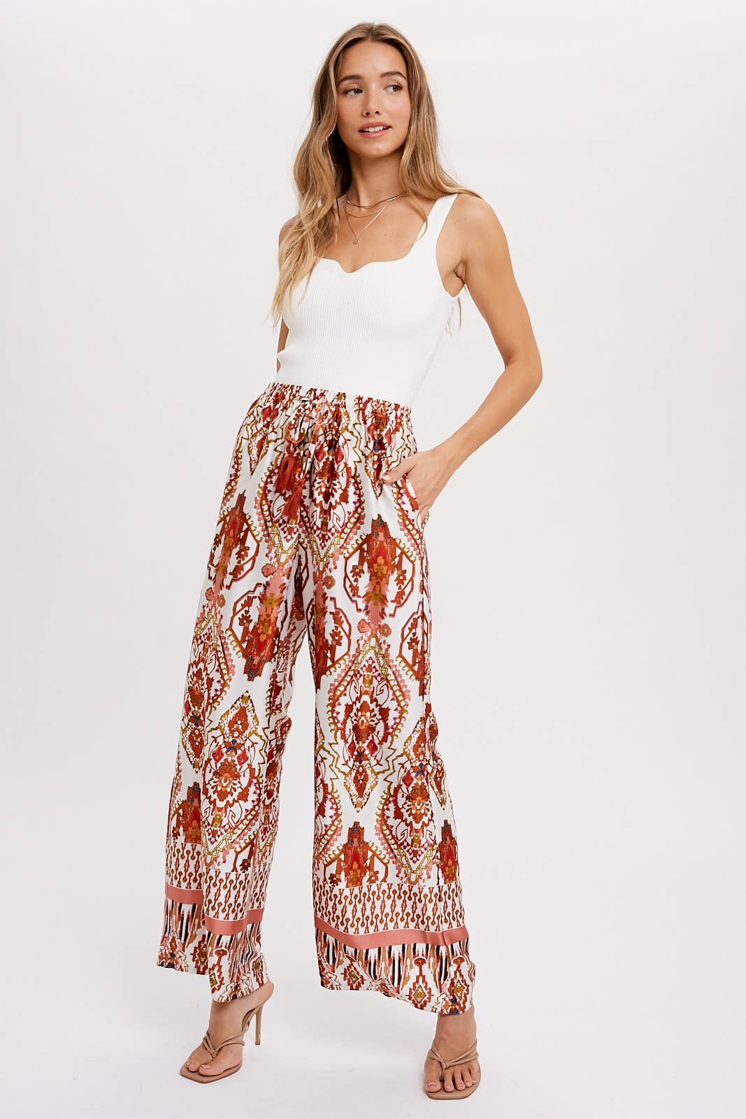 BORDER PRINT WIDE LEG PANTS