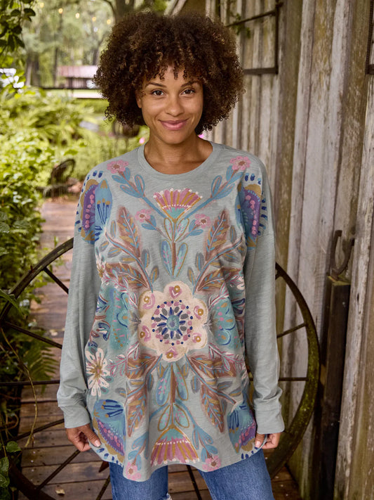 Natural Life One Size Long Sleeve Cotton Easy Tee- Dusty Blue Flower Bouquet