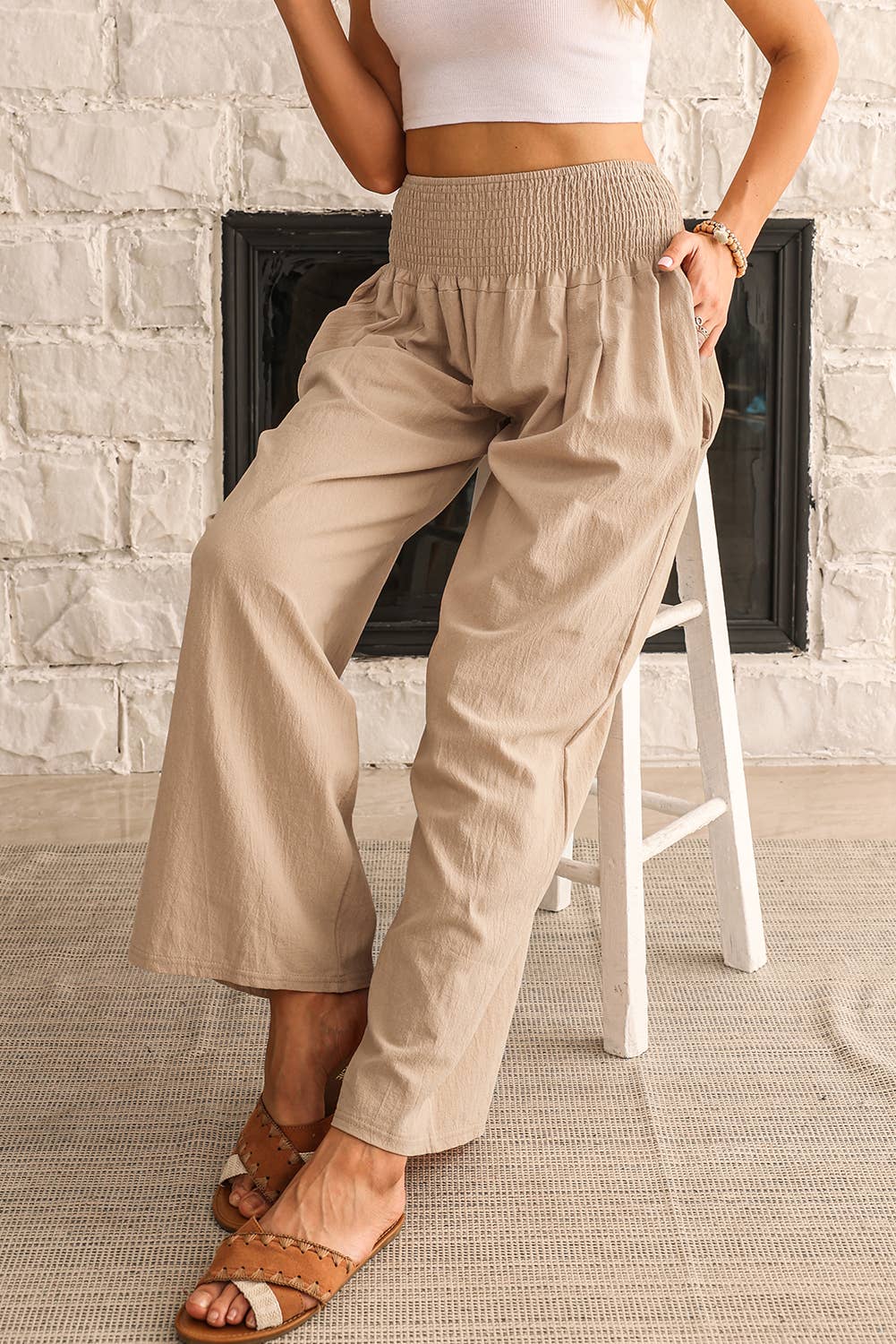 Smocked Wide Waistband High Waist Wide Leg Pants