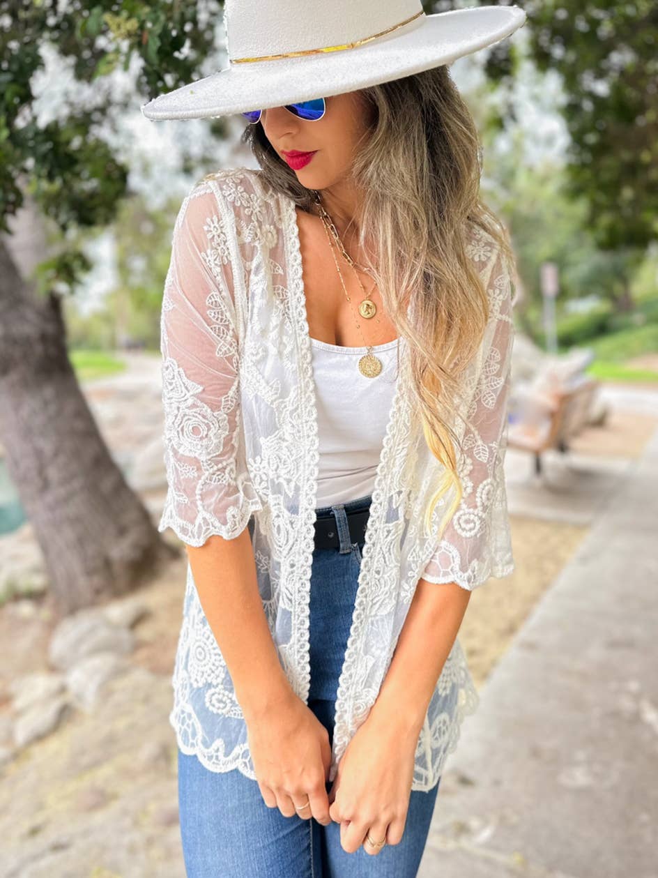 Ivory Floral Lace Sheer Dressy Short Sleeve Kimono Cover Up