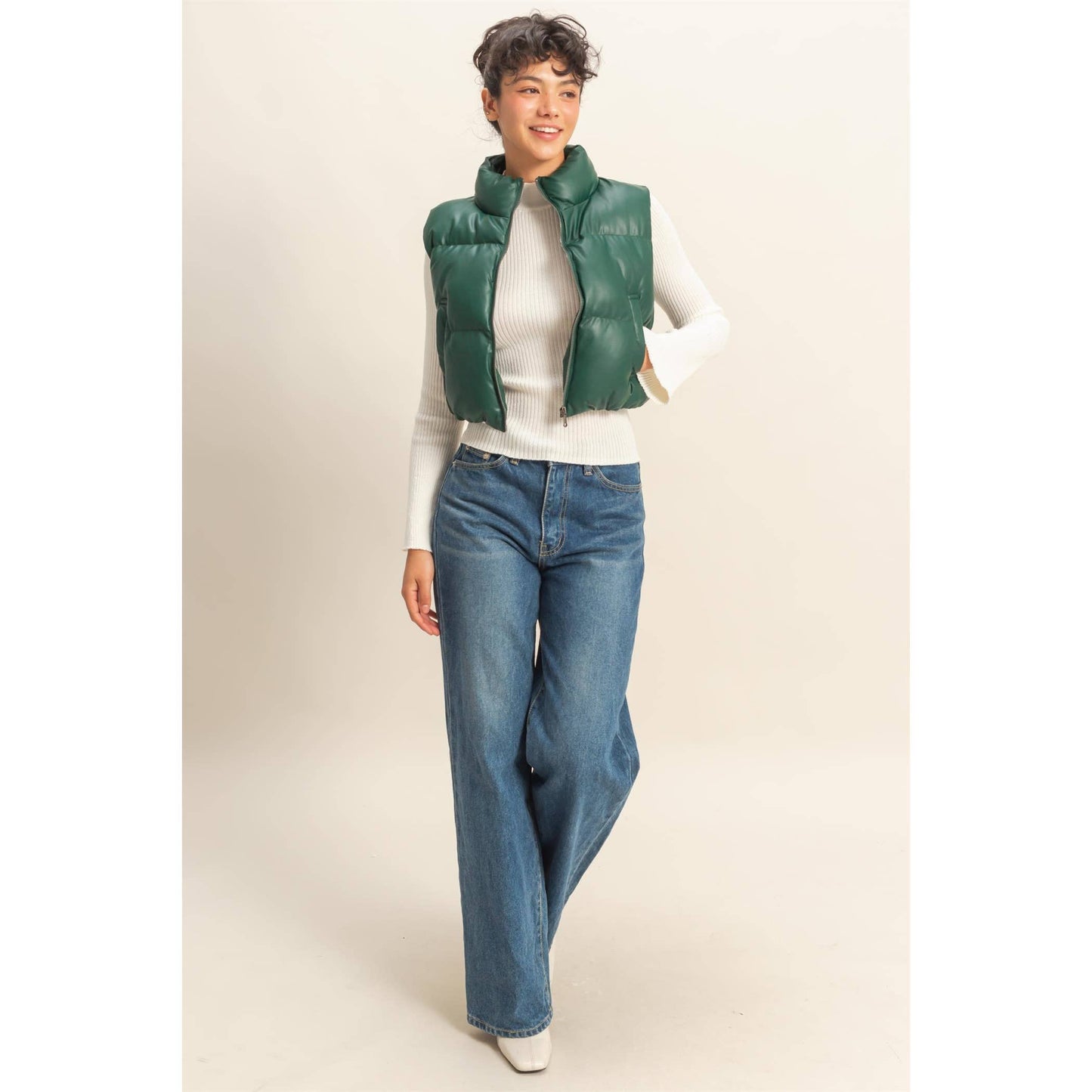 Faux Leather Cropped Puffer Vest