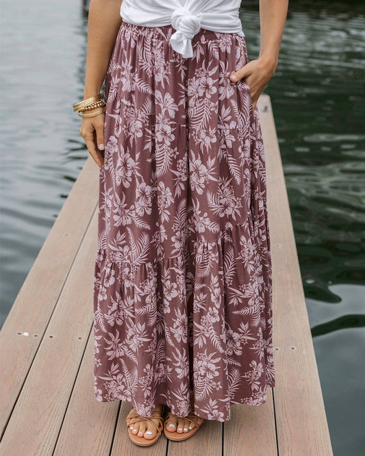 Pocketed Tiered Maxi Skirt in Pink Floral