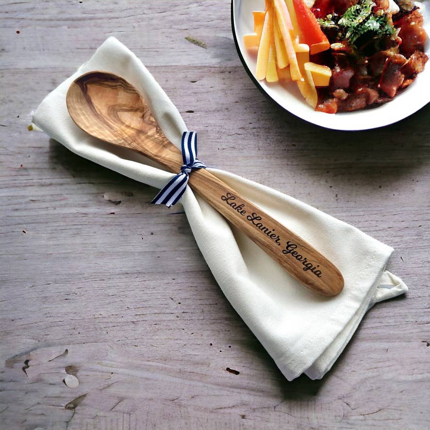 Custom City Name-"Godfrey, Illinois"- Olive Wood Serving Spoon & Towel Gift Set