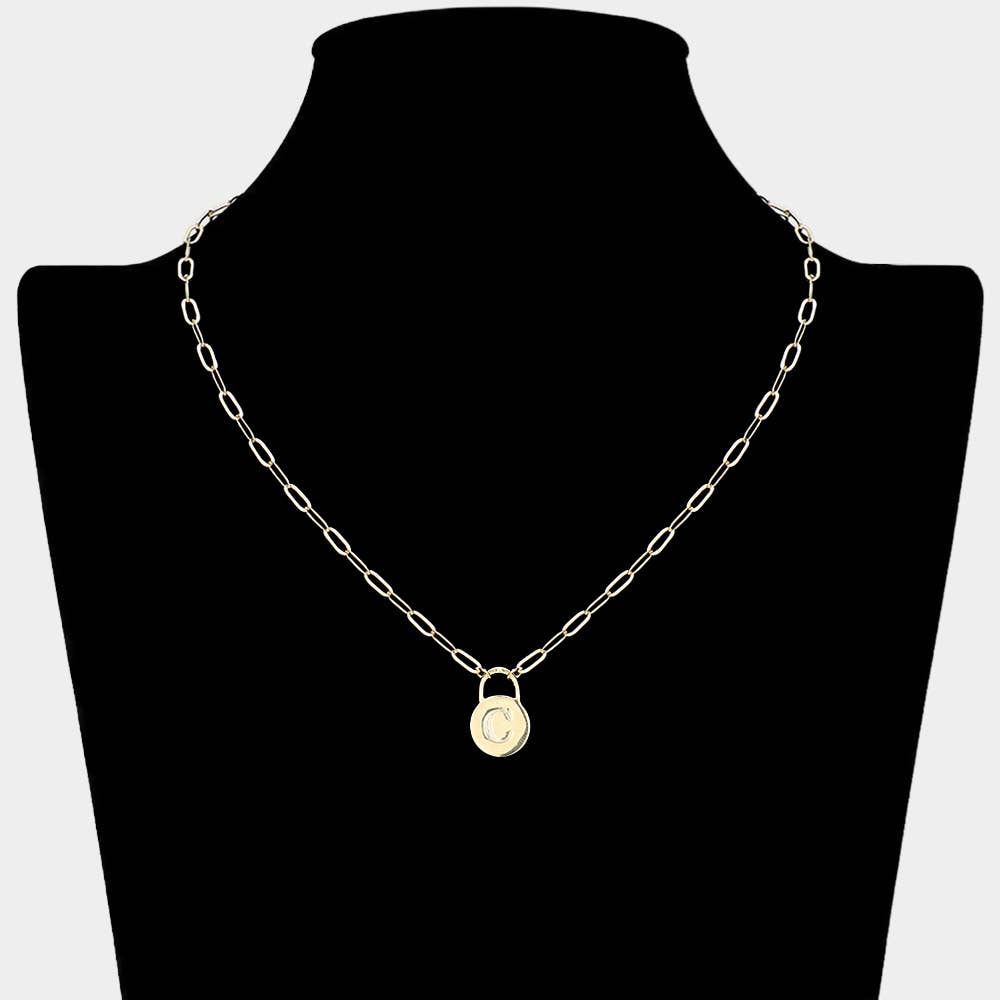 Brass Metal Initial Monogram Lock Pendant Necklace