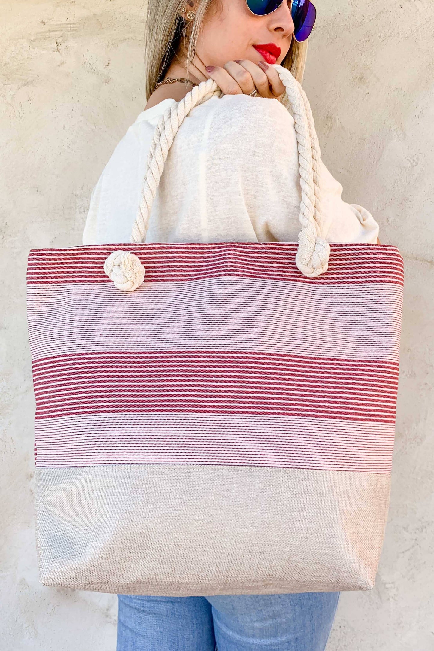Red Stripe Beach Tote Bag with Comfy Rope Handles and Zipper