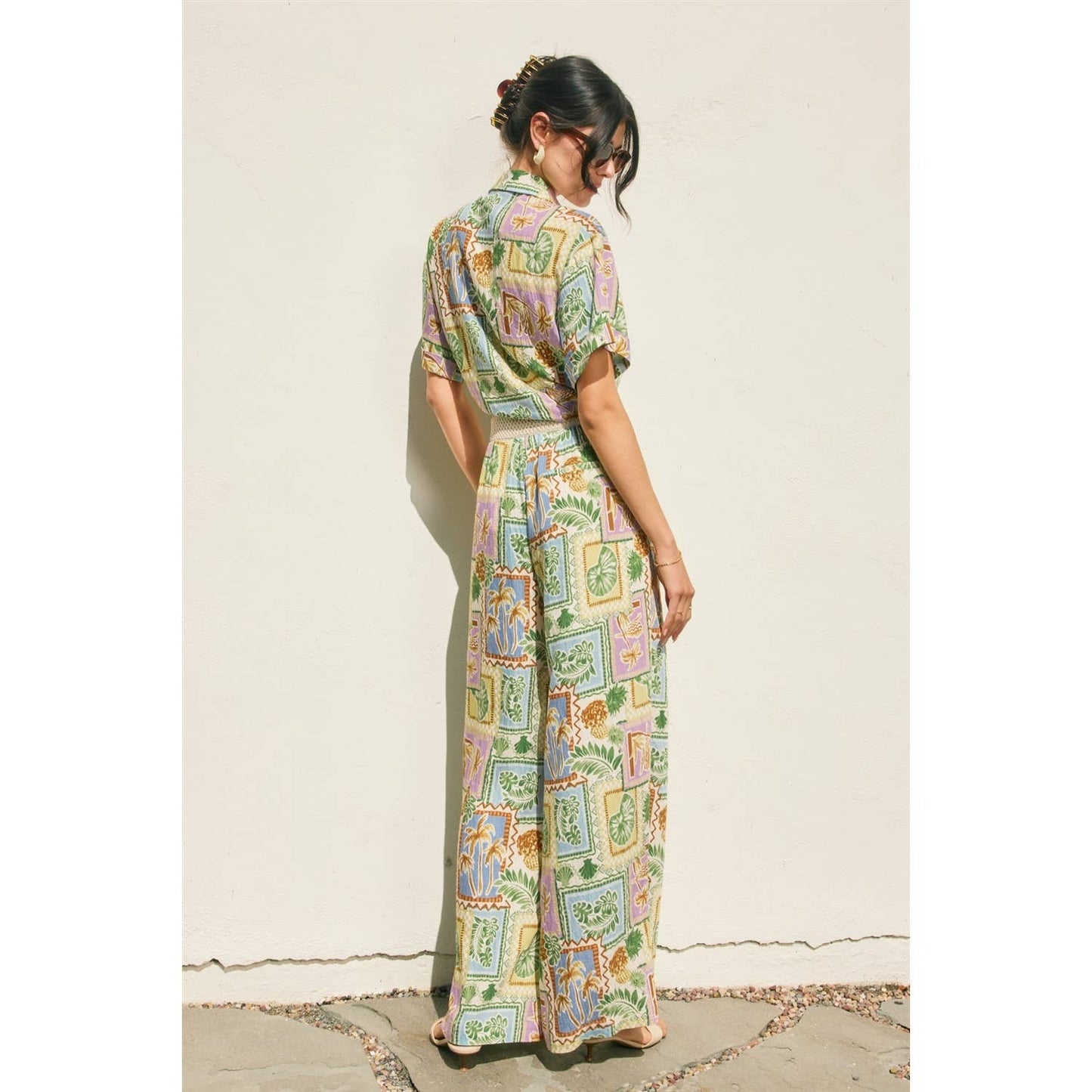 Tropical Conversational Decorative Waist Wide Leg Pants